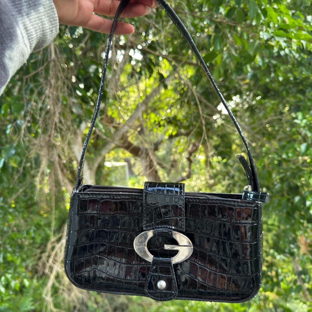 Guess Black Croc-Embossed Shoulder Bag